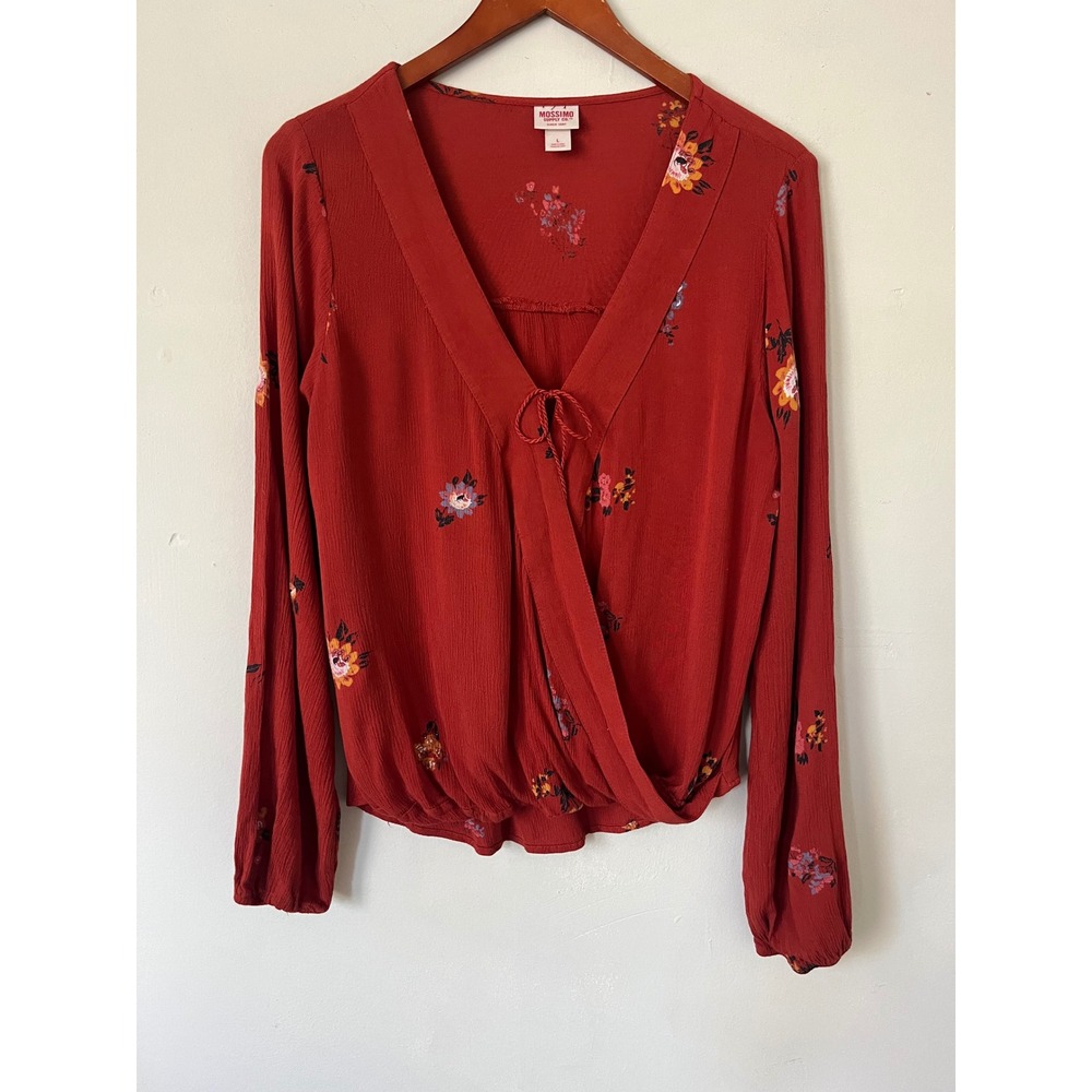 Mossimo Supply Co Womens Rust Red Floral Boho Surplice Wrap Blouse Top Large